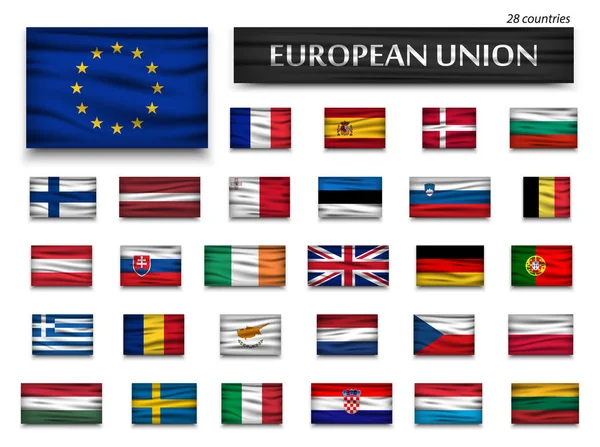 Bandiere dell'Unione europea e membri. Design ondulato. Fondo isolato — Vettoriale Stock