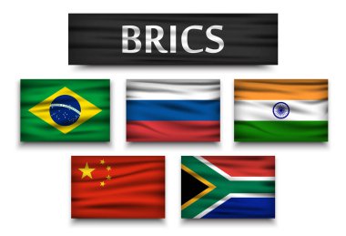 BRICs. 5 ülke Derneği (Brezilya. Rusya. Hindistan. Çin. Güney Afrika). Gerçekçi bayrakları ile izole arka plan