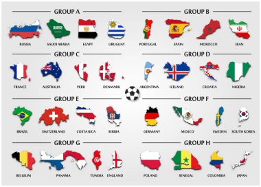 Futbol ya da Futbol Kupası takım grup hazır. Ulusal bayrak harita ülke. Uluslararası Dünya Şampiyonası turnuva 2018 için vektör