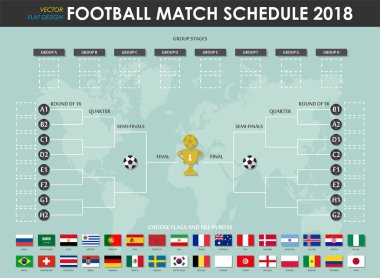 Futbol ya da Futbol Kupası maç programı ve duvar grafik. Vektör Uluslararası Dünya Şampiyonası turnuva 2018. Düz tasarım
