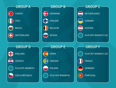 2020 Avrupa futbol final turnuvası berabere. Düz daireli ülke bayrağı olan bir grup uluslararası futbol takımı. Vektör .