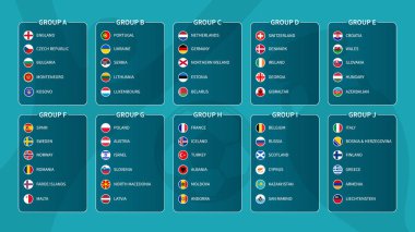 Avrupa futbol turnuvası elemeleri 2020. Düz daireli ülke bayrağı olan bir grup uluslararası futbol takımı. Vektör .