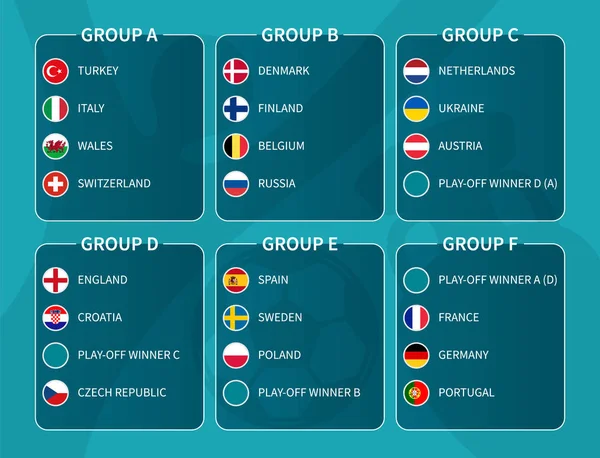 Sorteo final de fútbol europeo 2020. Grupo de equipos internacionales de fútbol con bandera de país de círculo plano. Vector  . — Vector de stock