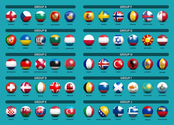 Tournoi européen de football match nul de qualification 2020. Groupe d'équipes internationales. Football 3D avec motif drapeau de pays. Fond de thème bleu. Vecteur  . — Image vectorielle