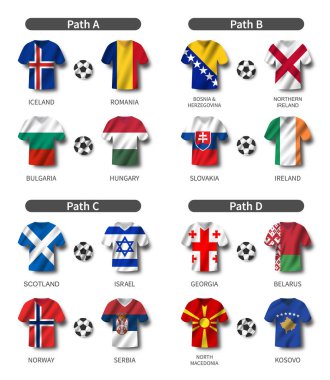 Avrupa futbolu play-off 'u 2020. Bir grup uluslararası takım. Kırsal bayrak desenli futbol forması. Beyaz temalı arka plan. Vektör .