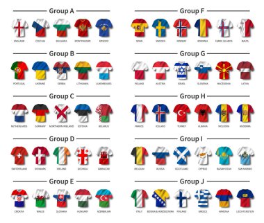 Avrupa futbol turnuvası elemeleri 2020. Bir grup uluslararası takım. Kırsal bayrak desenli futbol forması. Beyaz temalı arka plan. Vektör .