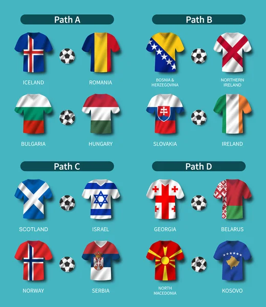 Európai futball-rájátszás 2020. Nemzetközi csapatok csoportja. Labdarúgó mez lengő ország zászlómintával. Kék téma háttér. Vektor . — Stock Vector