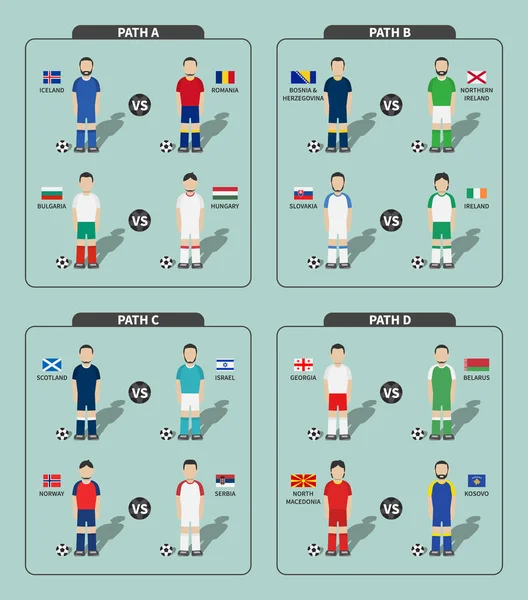 Az európai focimeccsek sorsolása 2020-ig tart. Nemzetközi csapatok csoportja. Focista mezben és zászlóval. Kék téma háttér. Lapos kialakítás. Vektor . — Stock Vector
