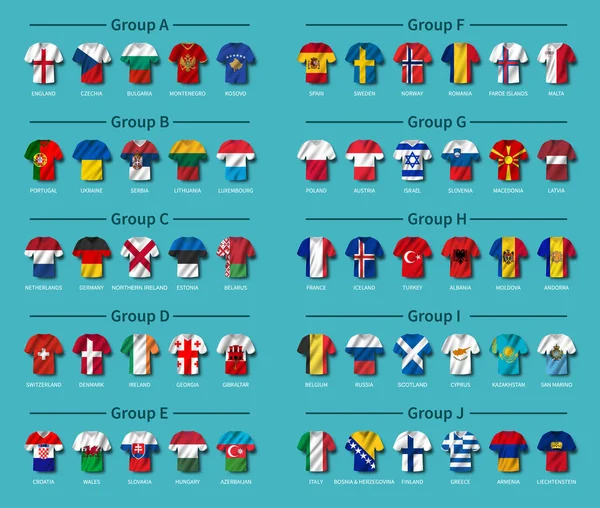 Tournoi européen de football match nul de qualification 2020. Groupe d'équipes internationales. Maillot de football avec motif drapeau de pays. Fond de thème bleu. Vecteur  . — Image vectorielle