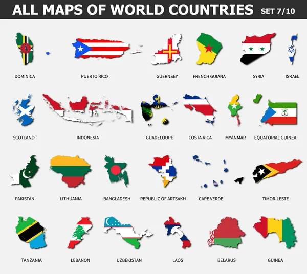 Tutte le mappe dei paesi del mondo e le bandiere. Set 7 di 10. Raccolta della forma di contorno della mappa internazionale del paese con ombra. Design piatto. Vettore  . — Vettoriale Stock