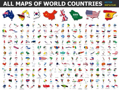 All maps of world countries and flags . Collection of outline shape of international country map with shadow . Flat design . Vector . clipart