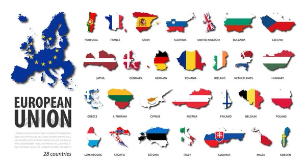 Unione Europea Set Mappa Del Paese Design Piatto Bandiera Nazionale — Vettoriale Stock