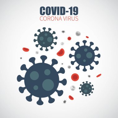 COVID-19. Corona virüsü kan dolaşımına bulaşmış. İnsanlarda SARS, MERS COV ve COVID-19 'un sebebi. Kanda kırmızı kan hücreleri, beyaz kan hücreleri ve trombosit bulunur. Düz ve basit bir tasarım. Vektör .