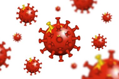 COVID-19. Çin bayrağı ve alan derinliği olan 3 boyutlu korona virüsü. SARS, MERS COV ve COVID19 'un sebebi. Küresel yayılma ve dünya çapında enfeksiyon. Beyaz izole edilmiş arka plan. Vektör .