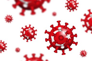 COVID-19. Türkiye bayrağı ve alan derinliği ile 3D yüzen korona virüsü. SARS, MERS COV ve COVID19 'un sebebi. Küresel yayılma ve dünya çapında enfeksiyon. Beyaz izole edilmiş arka plan. Vektör .