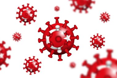 COVID-19. Türkiye bayrağı ve alan derinliği ile 3D yüzen korona virüsü. SARS, MERS COV ve COVID19 'un sebebi. Küresel yayılma ve dünya çapında enfeksiyon. Beyaz izole edilmiş arka plan. Vektör .