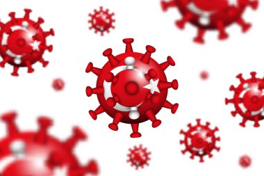 COVID-19. Türkiye bayrağı ve alan derinliği ile 3D yüzen korona virüsü. SARS, MERS COV ve COVID19 'un sebebi. Küresel yayılma ve dünya çapında enfeksiyon. Beyaz izole edilmiş arka plan. Vektör .