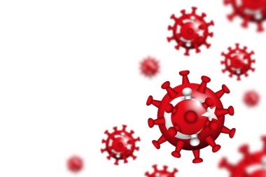COVID-19. Metni doldurmak için sol alanda kopyalama alanı bulunan beyaz izole zemin üzerinde Türkiye bayrağı bulunan 3D yüzen korona virüsü. Alan tasarımının sığ derinliği. Vektör .