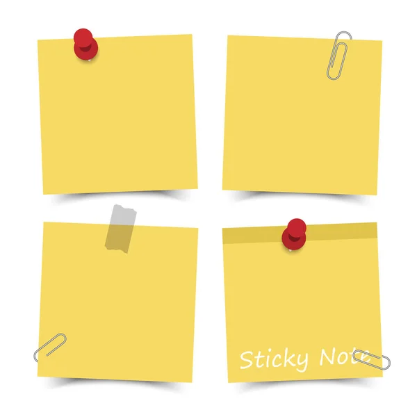 平面设计的黄色粘贴笔记与红针 粘贴带和白板背景的回形针 — 图库矢量图片
