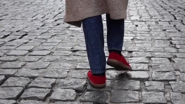 Beine einer Frau in roten Schuhen kommen die Straße entlang. Konzept des Gehens und Erreichens von Zielen.