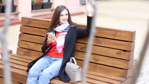 陽気な女性が手で手を振っている スーツを着た大人の長髪のブルネットの女性がベンチに座って 路上で手の挨拶の友人と手を振っています スローモーション — ストック動画
