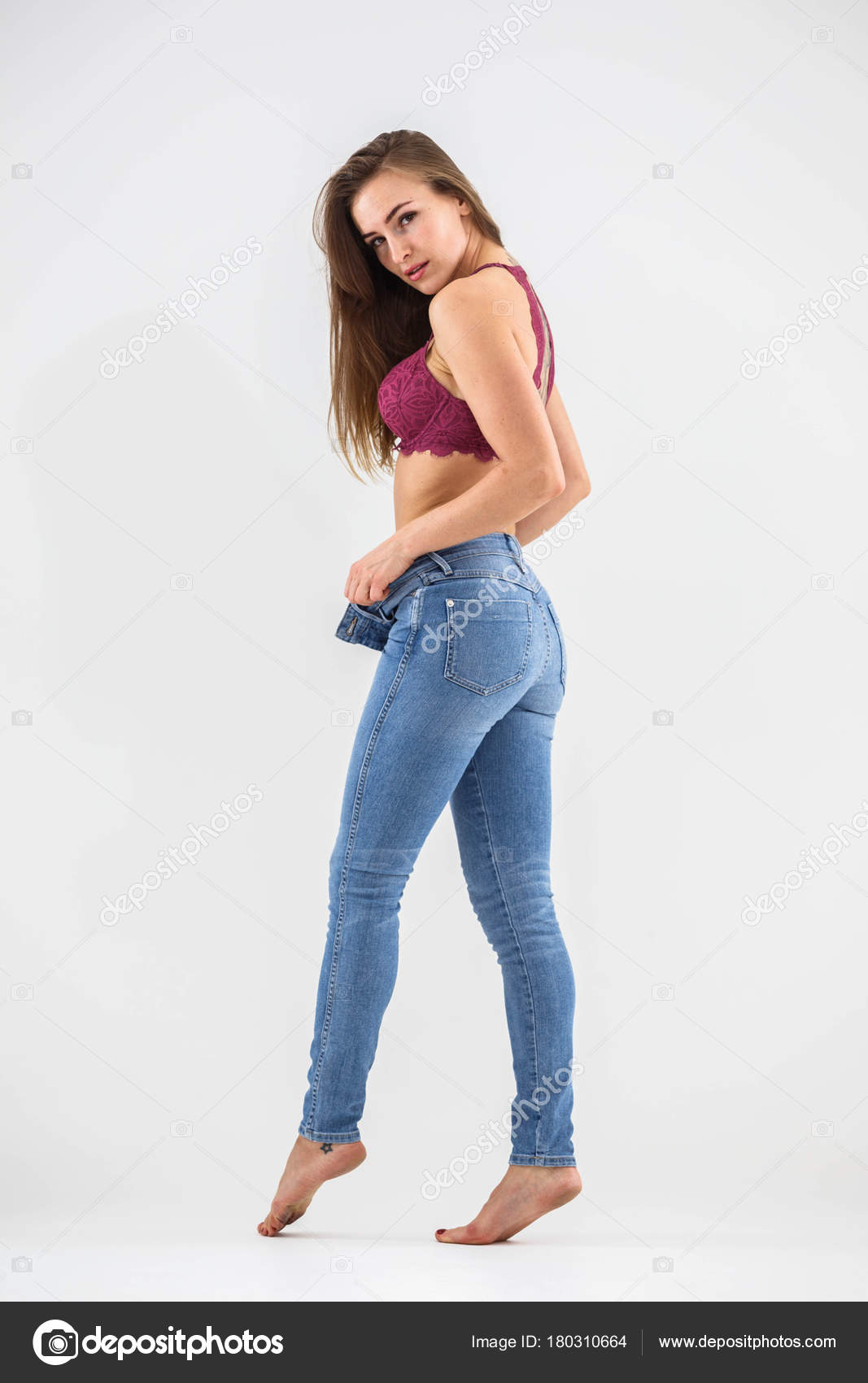 Fotografia do Stock: Collage of cute little girl in underwear on white  background