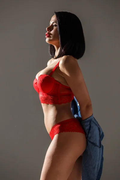 Studio Photo Belle Femme Brune Portant Une Lingerie Rouge Sexy — Photo