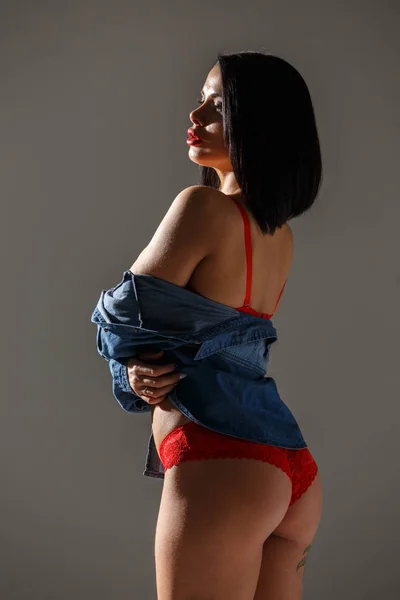 Seksi Kırmızı Çamaşırı Giyen Güzel Esmer Kadın Stüdyo Çekim Genç — Stok fotoğraf