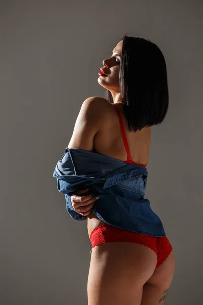 Studio Shot Van Mooie Brunette Vrouw Draagt Sexy Rode Lingerie — Stockfoto