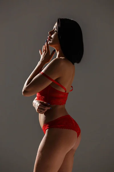 Studio Photo Belle Femme Brune Portant Une Lingerie Rouge Sexy — Photo