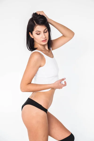Estudio Plano Hermosa Chica Morena Ropa Interior Negra Camiseta Blanca — Foto de Stock