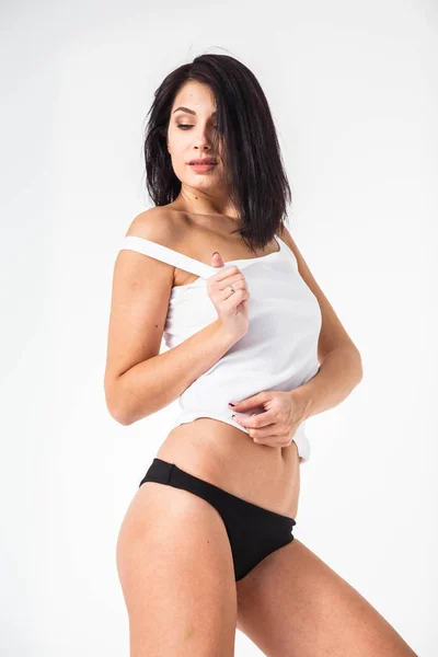Estudio Plano Hermosa Chica Morena Ropa Interior Negra Camiseta Blanca —  Fotos de Stock