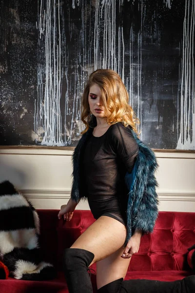 Studio Shot Beauty Model Wearing Black Blouse Blue Coat Young — Stock Photo, Image