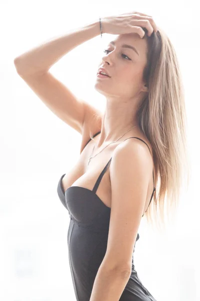 Studio Shot Beautiful Young Woman Wearing Black Dress Standing Lighted — Stock Photo, Image