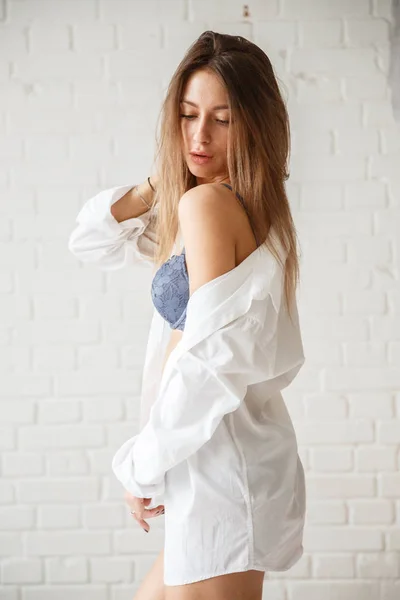 Studio Shot Beauty Woman Wearing Blue Lingerie White Shirt Young — Stock Photo, Image