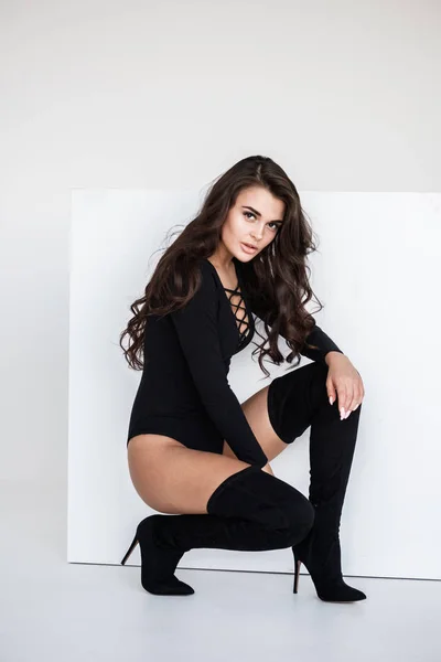 Studio Portrait Young Sexy Brunette Girl Black Lingerie Boots Sitting — Stock Photo, Image