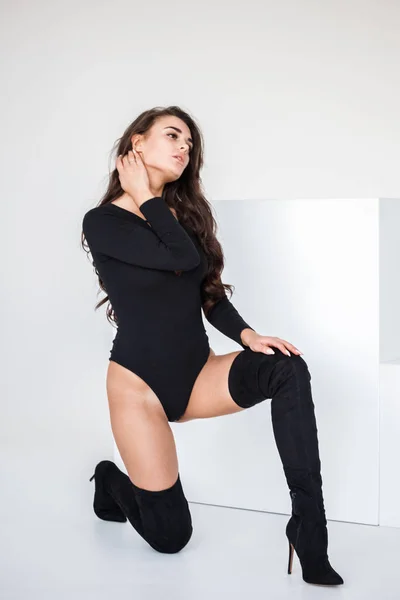 Studio Portrait Young Sexy Brunette Girl Black Lingerie Boots Standing — Stock Photo, Image