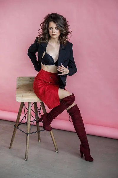 Fashion Studio Portrait Beautiful Curly Woman Wearing Red Skirt Black — Stock Photo, Image