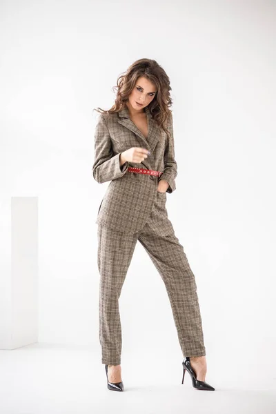 Fashion Studio Portrait Beautiful Curly Woman Wearing Checkered Casual Suit — Stock Photo, Image