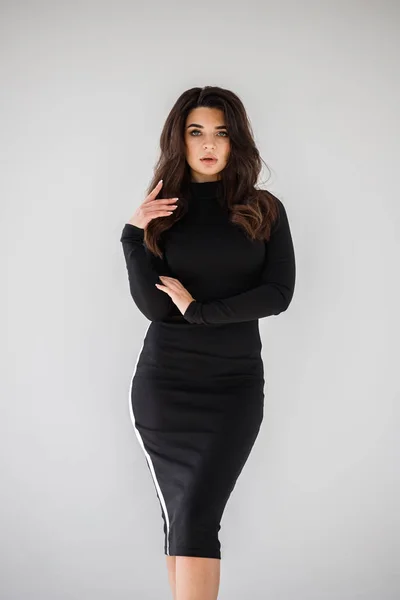 Stylish Studio Portrait Beauty Brunette Woman Black Dress Posing Grey — Stock Photo, Image