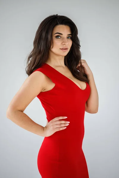 Stylish Studio Portrait Beauty Brunette Woman Red Dress Posing Grey — Stock Photo, Image