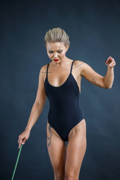 Beautiful Blonde Girl Swimsuit Posing Black Background — 스톡 사진
