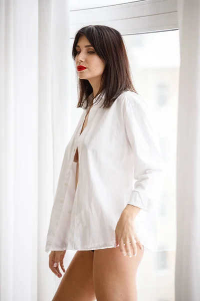Attractive Brunette White Shirt Posing Morning Window Morning Time — 스톡 사진