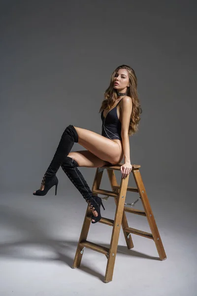 Beautiful Girl Sexy Blonde Underwear Boots Posing Studio Background — Stock Photo, Image
