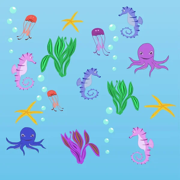 Шаблон Морские Животные Растения Разных Цветов — стоковый вектор