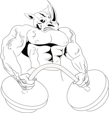 Kaslı vücutlu bir gergedanın tasviri. Halteri kaldır. Spor salonu logosu, broşür, broşür, logo için uygun.