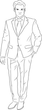 Sketch, takım elbiseli genç bir adam. Kartlar, logolar, amblemler, kitaplar için uygun.