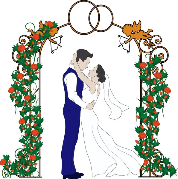Egy Vázlatot Menyasszonyról Vőlegényről Esküvői Íven Virágokkal Logóhoz Könyvhöz Szimbólumhoz — Stock Vector