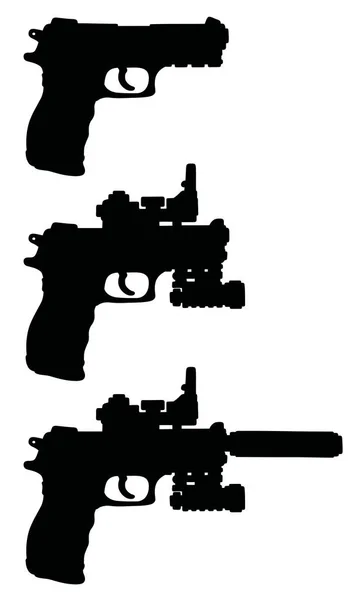 Svarta silhuetter av tre handeldvapen — Stock vektor