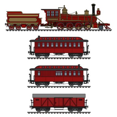 El bir vintage kırmızı Amerikan vahşi batı buhar tren çizimi